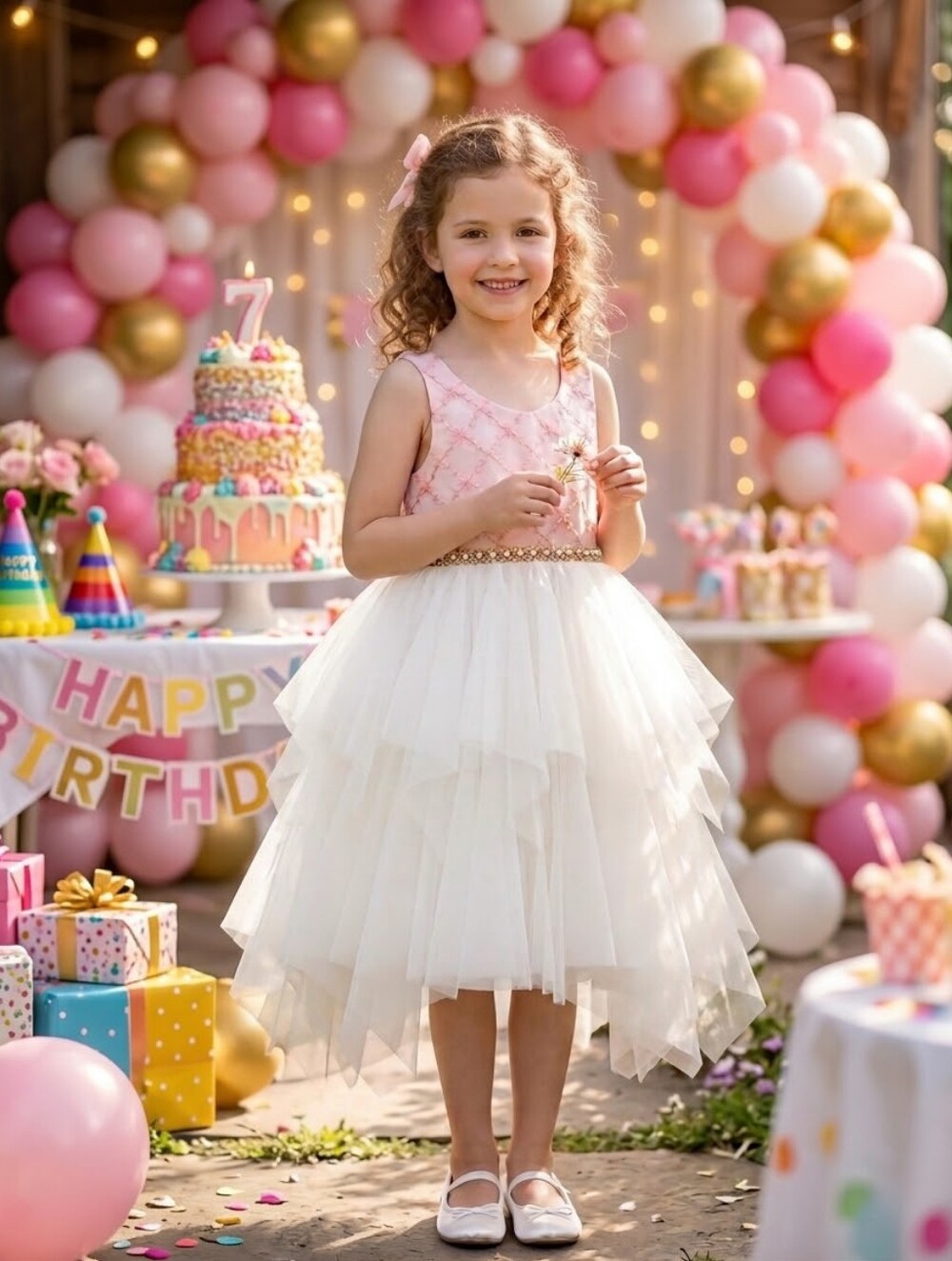 Couture Princess Pink and White Tiered Tulle Girl's Dress, Size 6X/7